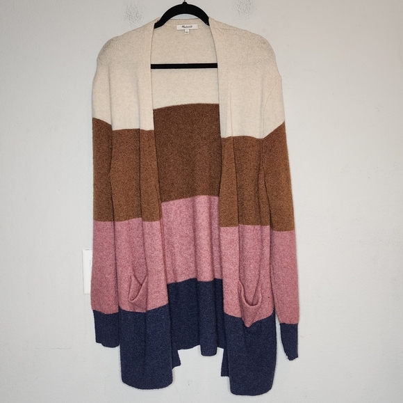 Madewell Alpaca Merino Wool Stripe Sweater Cardigan Large Pink Brown Pockets - Picture 1 of 15